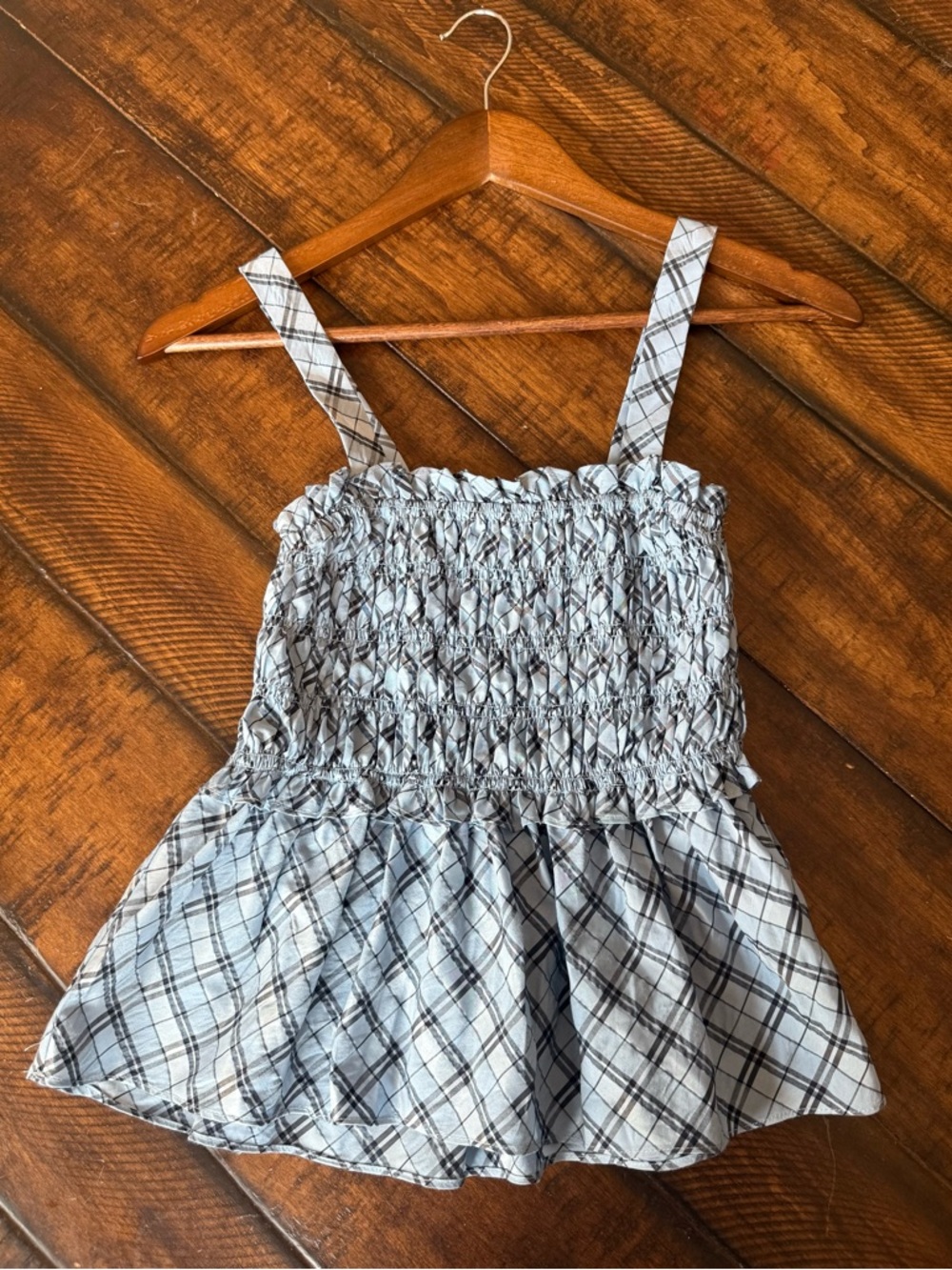 J. Crew Light Blue & Black Smocked Plaid Tank